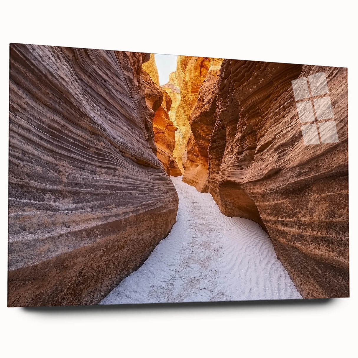 Acrylic glass artwork showcasing vibrant canyon landscapes in warm hues, displayed in a side view without pins, ideal for modern home decor. Perfect for art enthusiasts seeking unique wall displays.