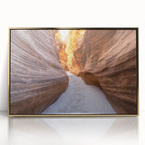 Framed acrylic artwork depicting a stunning landscape of canyons in vibrant gold hues, designed to enhance modern decor and evoke a sense of serenity.