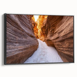 Framed landscape canvas showcasing a stunning canyon scene with vibrant colors, featuring a black side view that enhances modern decor aesthetics. This artwork adds a touch of nature-inspired elegance to any room.