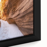 Framed canvas artwork showcasing a vibrant landscape of canyons in warm earth tones, highlighting intricate details and textures, perfect for home decor.