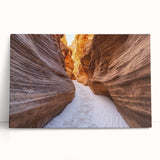 Stretched canvas art depicting a vibrant landscape of canyons at sunset, showcasing rich orange and purple hues, ideal for enhancing home decor with natural beauty.