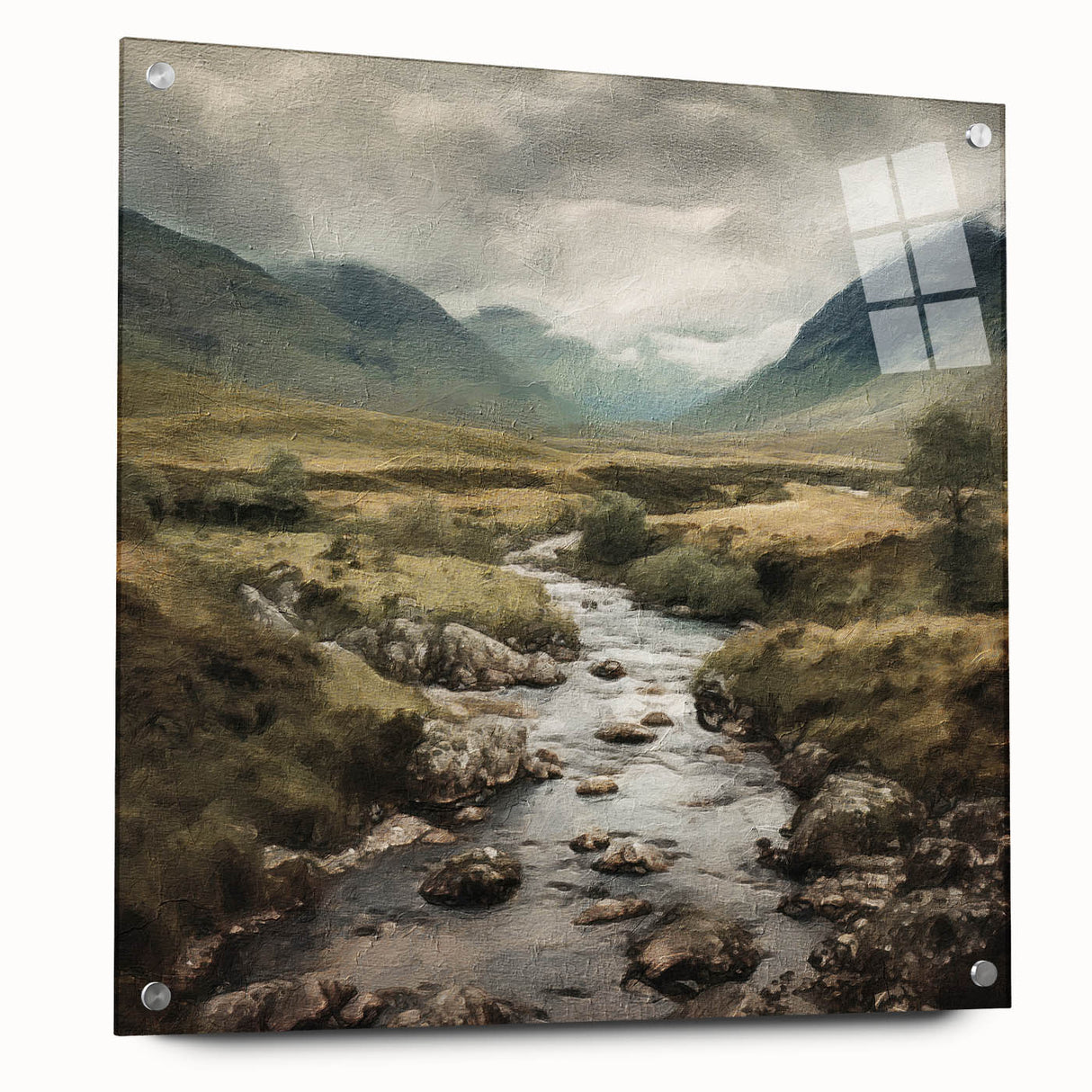 Landscape wall art displayed in acrylic glass, showcasing a serene countryside scene with vibrant colors and detailed textures, ideal for home decor.