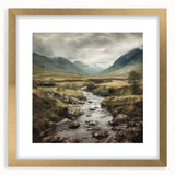 Landscape wall art framed in gold featuring a serene countryside scene with rolling hills and a vibrant sunset, perfect for home decor and interior design.