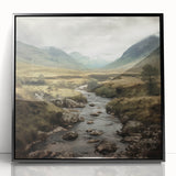 Framed acrylic wall art depicting a serene countryside landscape with lush greenery and a vibrant sky, presented in a sleek black frame, perfect for home decor.