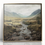 Framed countryside wall art showcasing a serene landscape with lush greenery and rolling hills, featuring an elegant gold-acrylic front, ideal for home decor.