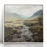 Framed landscape wall art depicting a serene countryside scene with lush greenery and vibrant colors, presented in a sleek white frame, ideal for home decor.