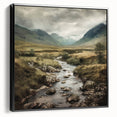 Framed canvas wall art depicting a serene countryside landscape, featuring lush green fields and a clear blue sky, presented in a sleek black frame for elegant decor.
