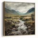 Framed canvas wall art depicting a serene countryside landscape with rolling hills, soft gold and silver tones, perfect for adding elegance to home decor.