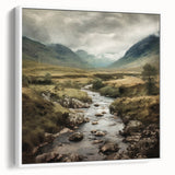 Framed landscape wall art depicting a serene countryside scene, featuring lush green fields and a clear blue sky, with a white frame enhancing its elegance.