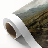 Landscape wall art on rolled canvas showcasing a serene countryside scene with lush green fields and a vibrant sunset, packaged in a durable cardboard tube for easy transport.