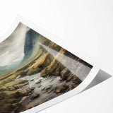 Serene landscape countryside wall art print showcasing vibrant green hills and a cloudy sky, elegantly rolled for easy framing and display. Ideal for home decor.