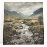 Stretched canvas wall art depicting a serene countryside landscape with rolling hills and lush greenery, ideal for home decor or office ambiance.