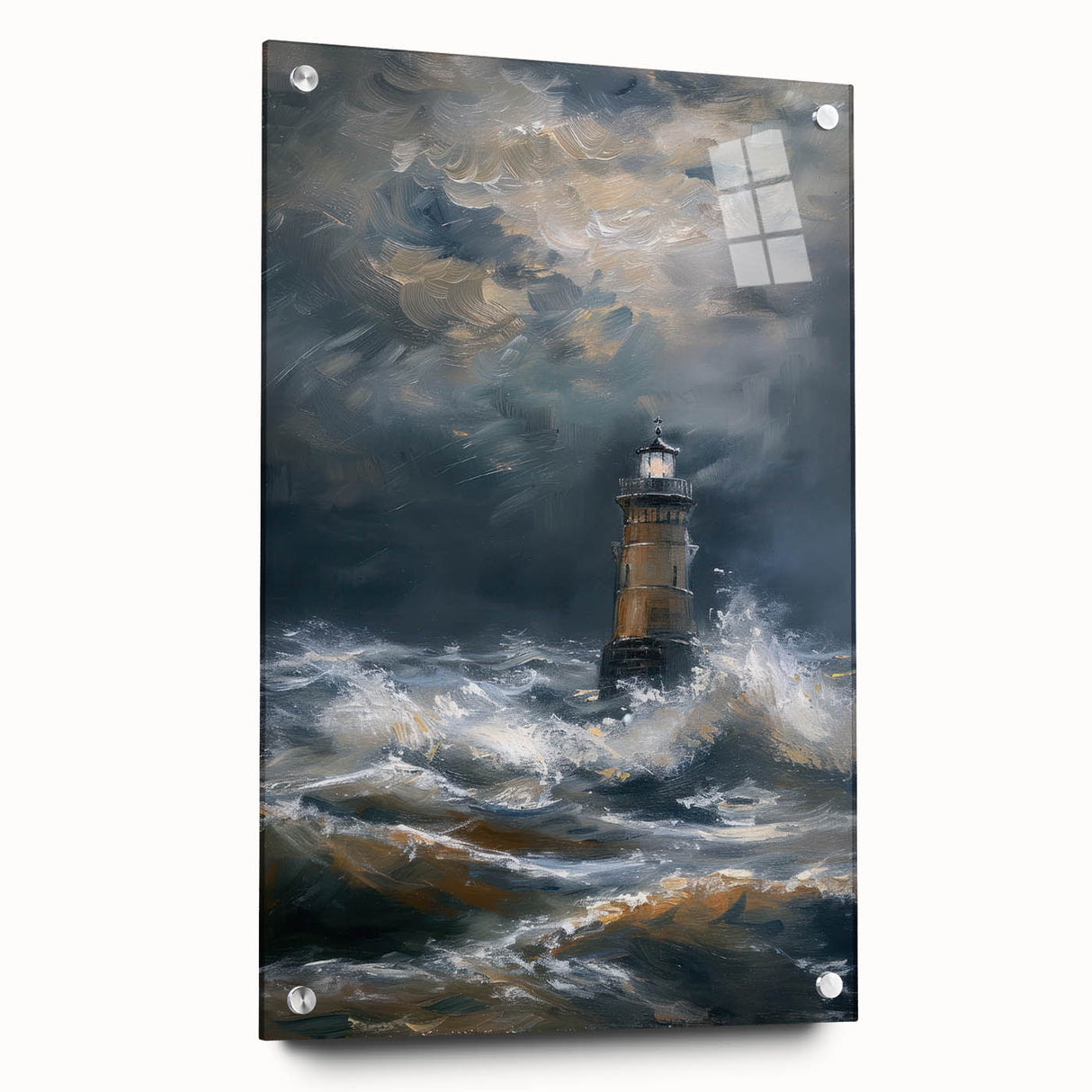 Acrylic glass landscape artwork showcasing vibrant colors and intricate designs, viewed from the side with decorative pins, ideal for modern home decor.