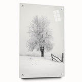 Acrylic glass landscape artwork depicting a serene countryside with rolling hills and vibrant greenery, displayed from a side view and secured with pins for stability.