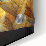 Close-up view of a stunning acrylic landscape painting depicting a vibrant desert scene with warm colors, intricate details, and textures, perfect for home decor.