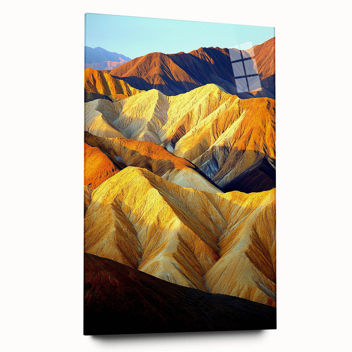 Acrylic glass artwork showcasing a vibrant desert landscape in warm hues, framed elegantly for display. Perfect for adding a touch of nature to modern decor.