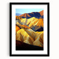 Framed desert landscape artwork with a black mat, showcasing vibrant colors and intricate details, perfect for home decor or office settings.