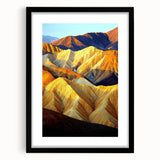 Framed desert landscape artwork with a black mat, showcasing vibrant colors and intricate details, perfect for home decor or office settings.