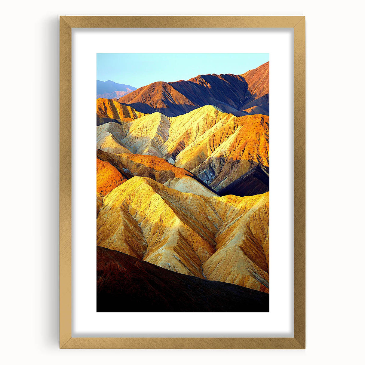 Framed landscape art depicting a serene desert scene with golden matting, showcasing warm tones of sand and sky, ideal for home decor enhancement.
