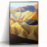Framed acrylic artwork showcasing a stunning desert landscape, featuring vibrant gold accents and a sleek modern design, perfect for enhancing home decor.
