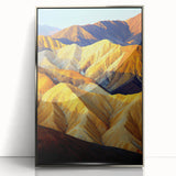 Framed acrylic artwork showcasing a stunning desert landscape with vibrant colors, featuring a silver border and a modern aesthetic, ideal for home decor.