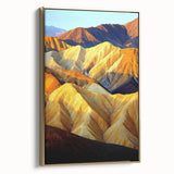 Framed canvas artwork depicting a stunning desert landscape with warm gold accents, showcasing vibrant colors and intricate details, perfect for home decor.