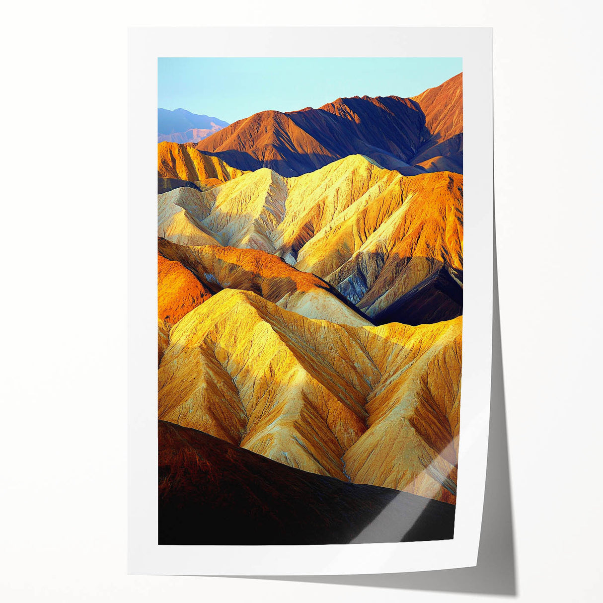 Vibrant desert landscape rolled print showcasing intricate details of sand dunes and a sunset sky, elegantly packaged in a protective cardboard tube for easy transport.