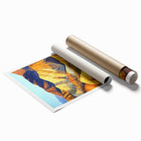 Desert landscape art print showcasing vibrant hues of orange and yellow, rolled for easy transport in a protective cardboard tube, perfect for home decor.