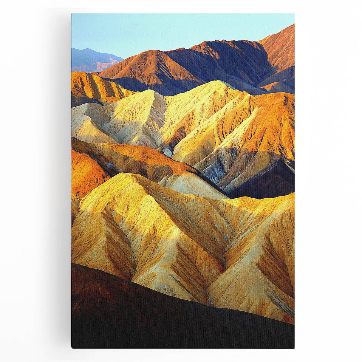 Vibrant stretched canvas artwork depicting a serene desert landscape at sunset, featuring warm hues of orange and yellow with silhouetted cacti, perfect for home decor.
