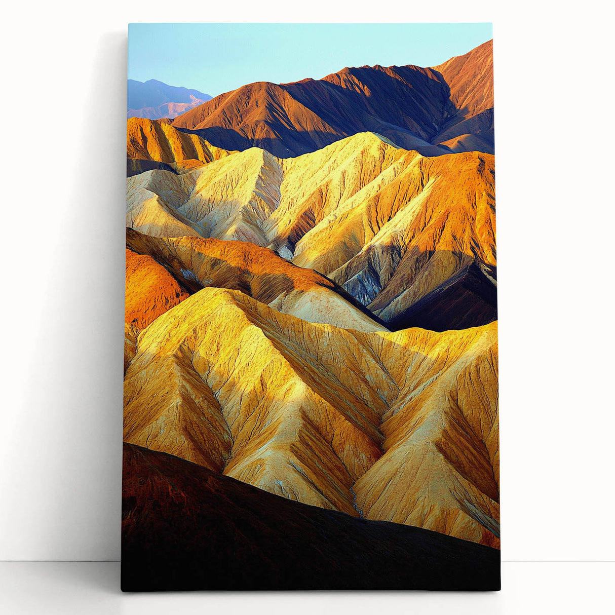 Desert landscape stretched canvas art leaning against a textured wall, showcasing vibrant sandy hues and dramatic sky, perfect for modern home decor.
