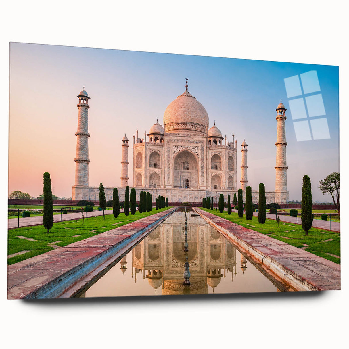 Large abstract wall art depicting a serene Indian landscape in muted earth tones, printed on acrylic glass.