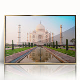 Large art print of an Indian scenery in mid-century modernist style, featuring vibrant gold and blue tones on framed acrylic.