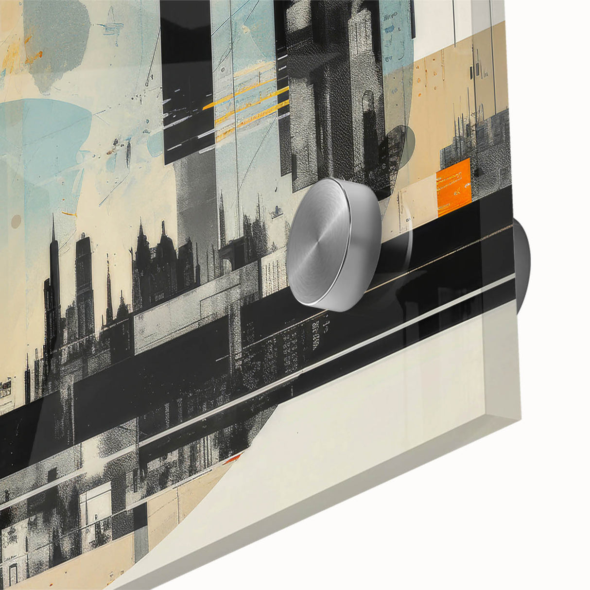 Large abstract depiction of London in muted gray and blue, acrylic on glass, ideal for dining room art.