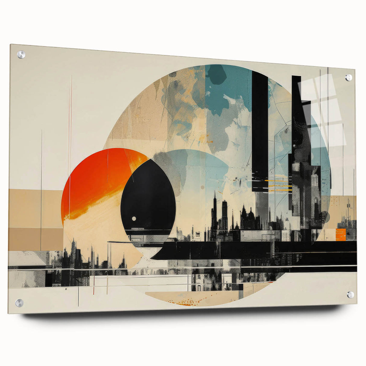 Acrylic print of London skyline in muted gray and blue tones, suitable for dining room decor.
