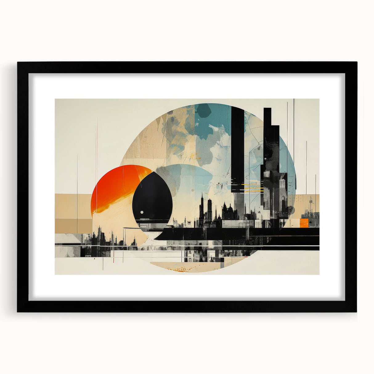 Abstract art print of colorful London scenery in vibrant hues on a large textured canvas, ideal for living room decor.
