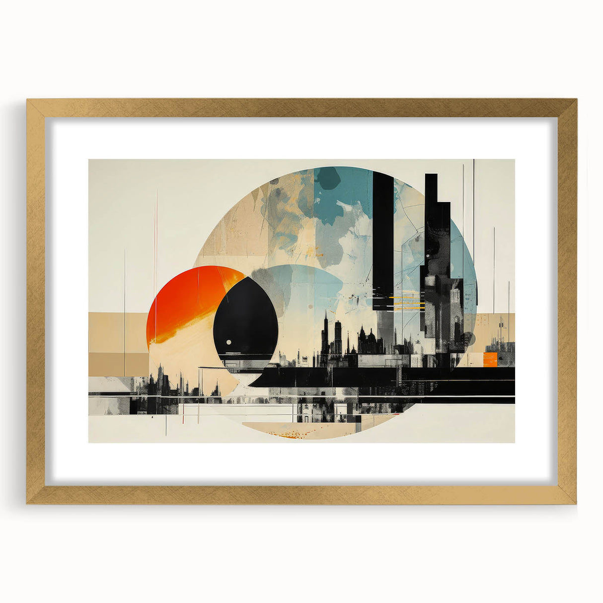 Abstract art print of London skyline in muted gray and gold tones on a framed canvas, suitable for dining room decor.