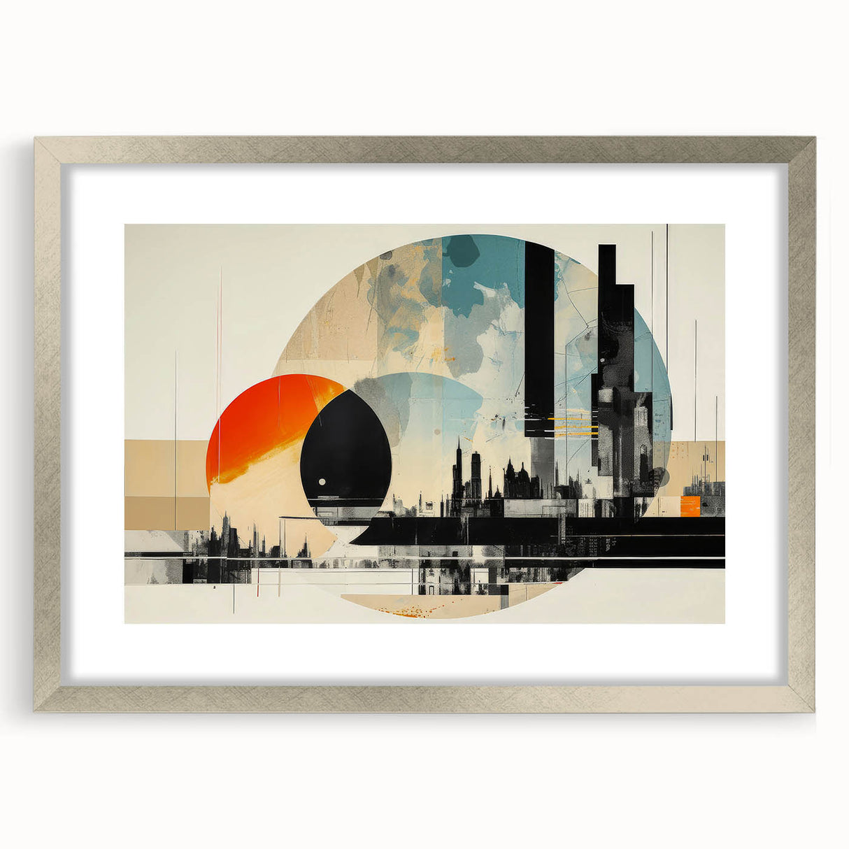 Extra large abstract art print of London scenery in textured silver frame, ideal for living room decor.