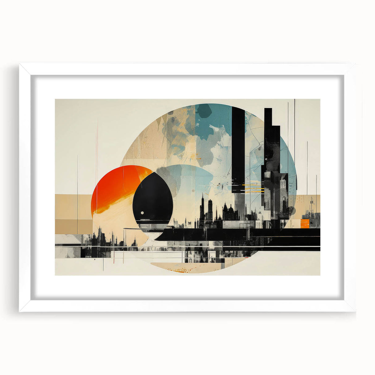 Textured abstract art print of London scenery in muted earth tones, framed with a white mat, ideal for bedroom wall decor.