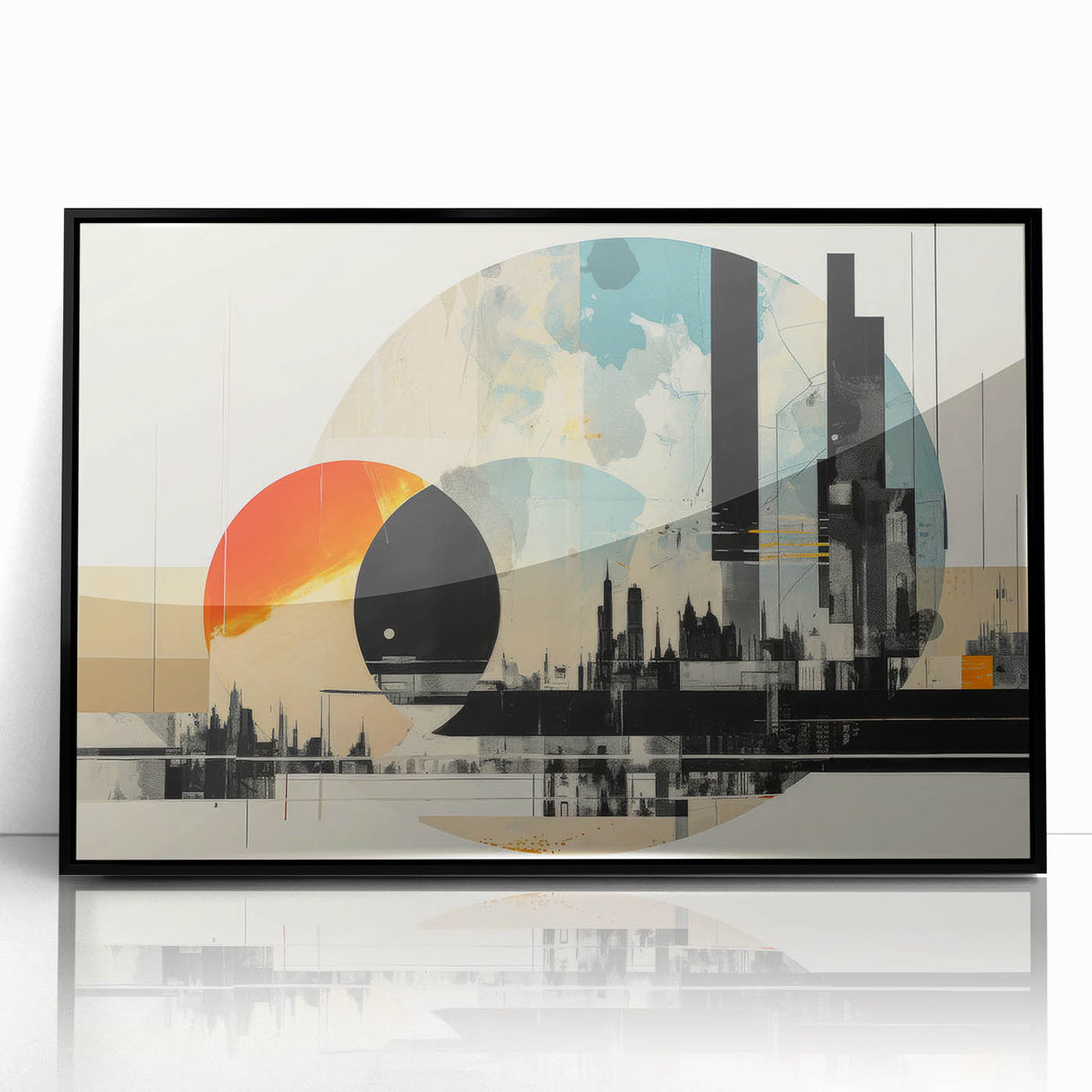 Large abstract wall art depicting the London skyline in muted gray and blue tones on a framed acrylic.