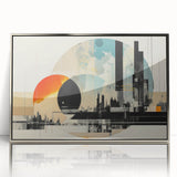 Large acrylic print of a mid-century modernist London skyline in muted colors, ideal for modern art wall decor.