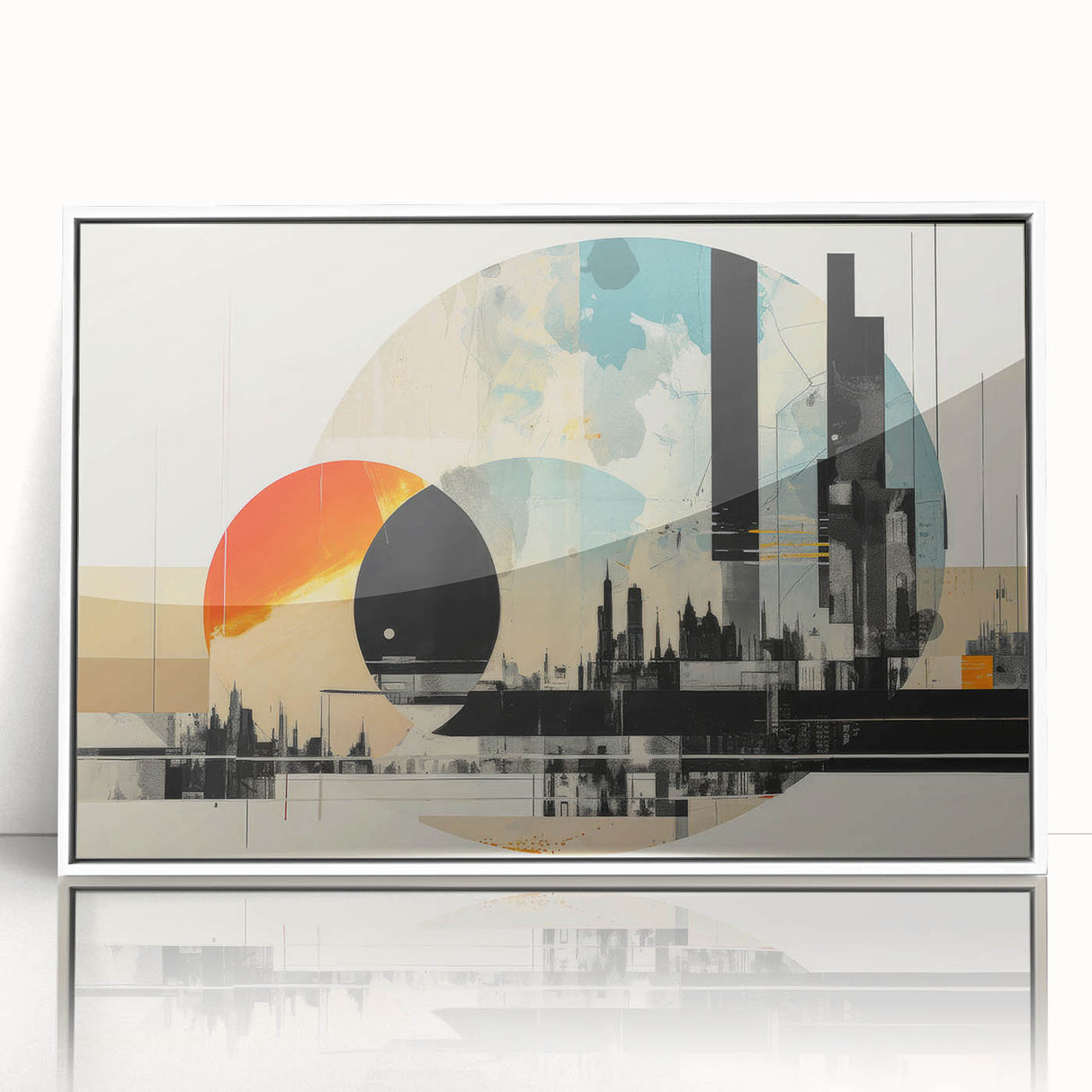 Mid-century modernist art of London skyline in muted gray and blue tones on a framed acrylic, ideal for nursery wall art.