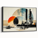 Black and white framed canvas of London landscape in a vintage poster style, ideal for bedroom decor.