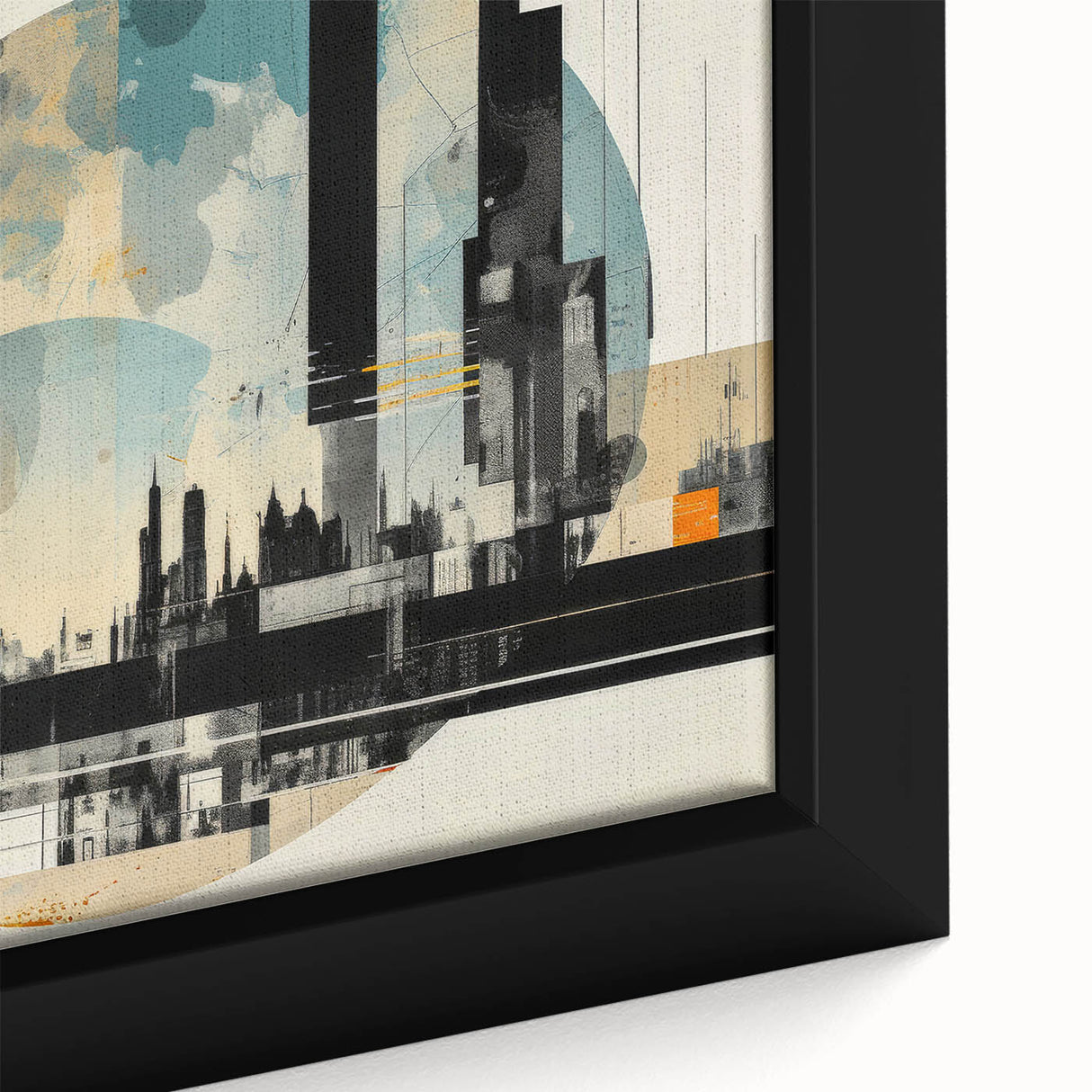 Extra large black wall art featuring a textured depiction of the London skyline in colorful hues, framed canvas.
