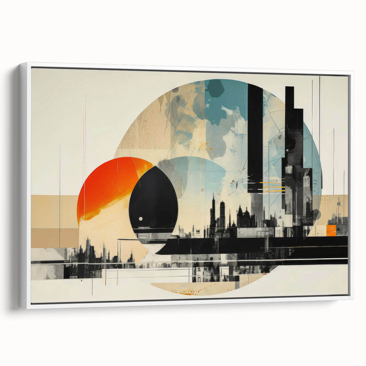 Vintage poster art of London skyline in colorful hues on extra large framed canvas, ideal for living room decor.