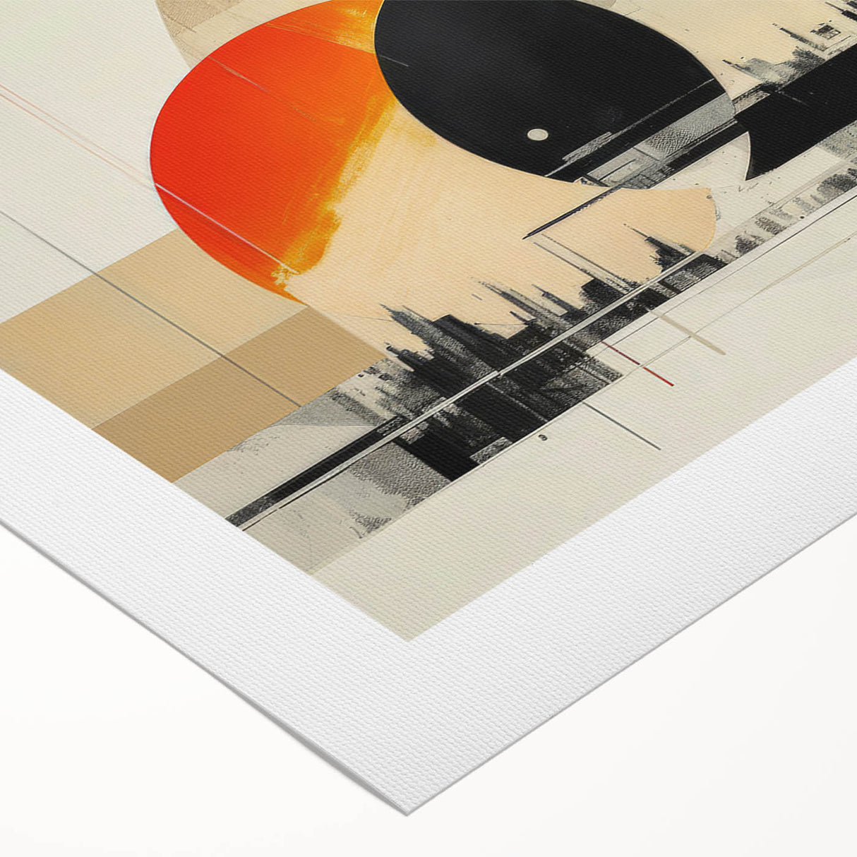 Art deco poster of London skyline in muted gray tones on rolled canvas, suitable for dining room wall art.