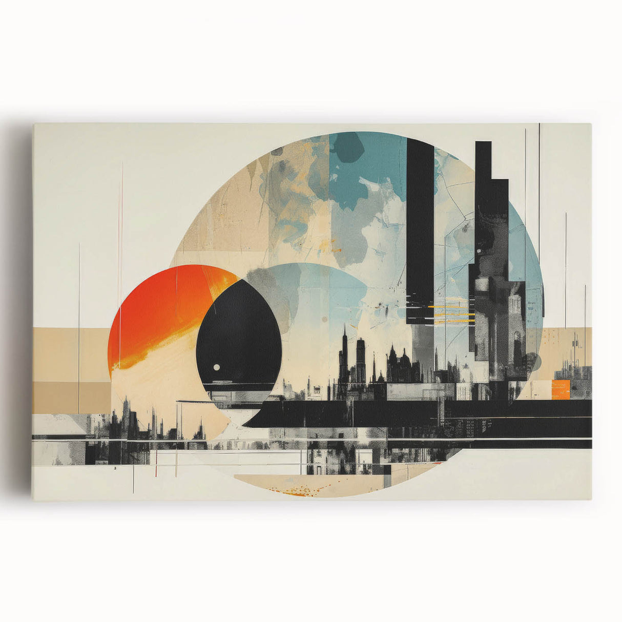 Black and white print of London skyline on stretched canvas, ideal for kitchen wall art or bedroom decor.