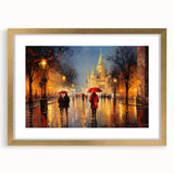 Abstract art print of Paris scenery in muted gold and white tones on a framed canvas, suitable for dining room decor.