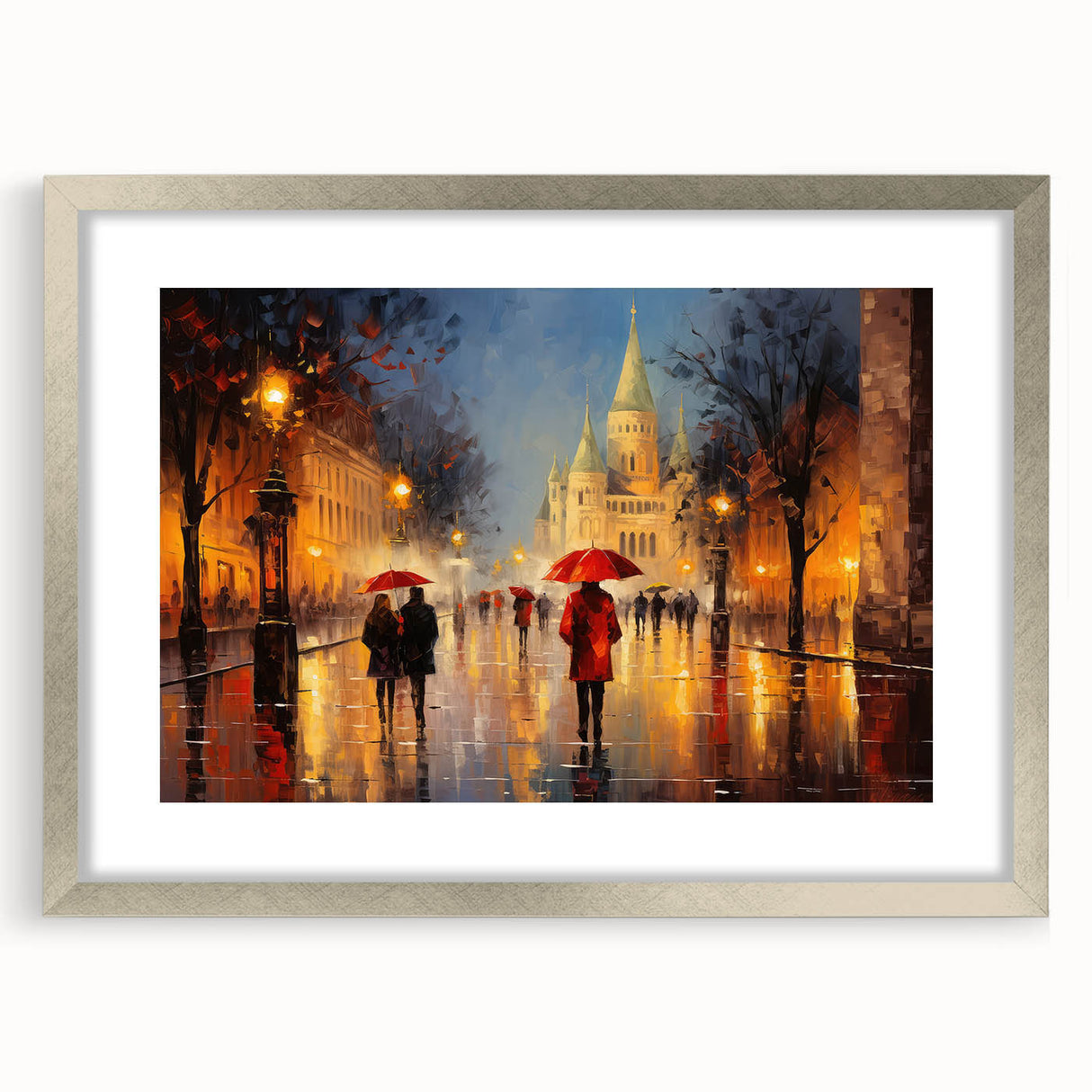 Extra large wall art featuring an abstract textured depiction of a Parisian scene in muted earth tones, framed in silver.