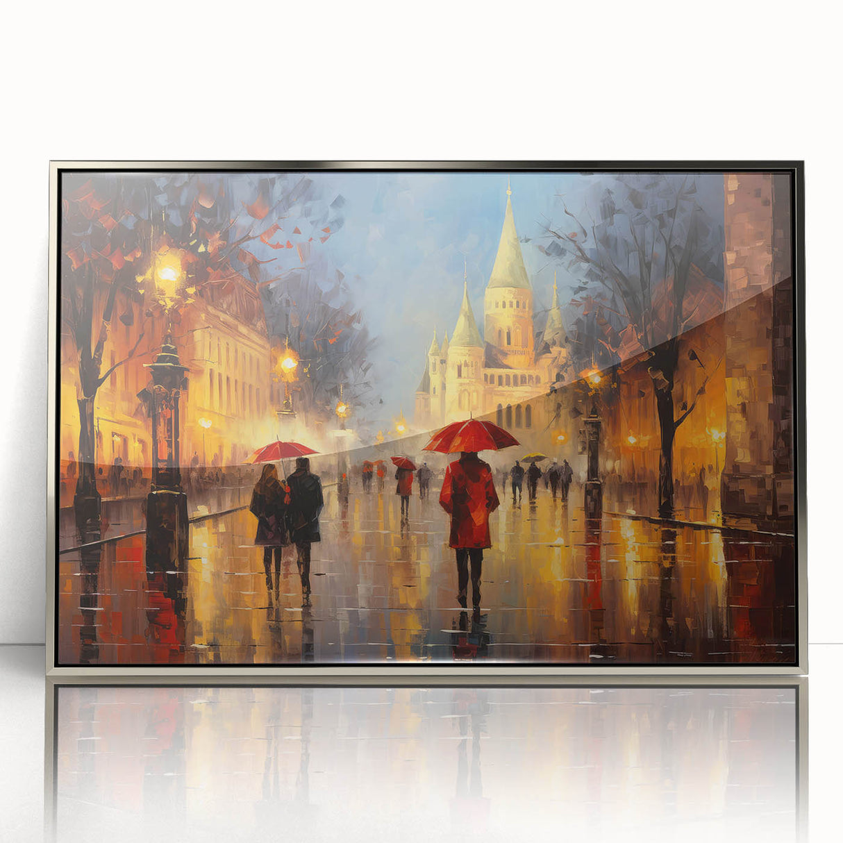Large art print of Paris scenery in muted blue and gray tones, framed in silver acrylic, suitable for modern art wall decor.