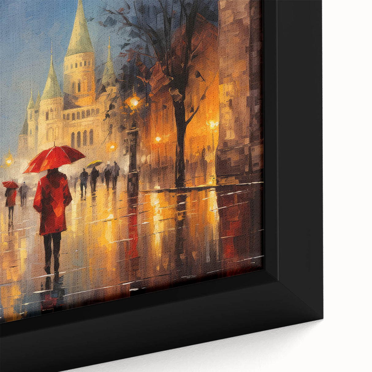 Extra large black wall art featuring a textured Parisian streetscape with colorful accents, framed canvas.